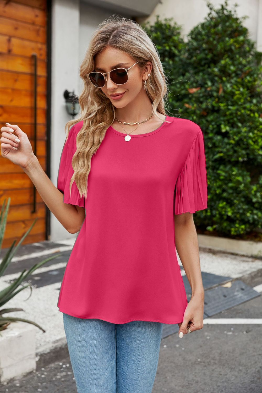 Pleated Flutter Sleeve Round Neck Blouse-Teresa&#39;s Fashionista LLC