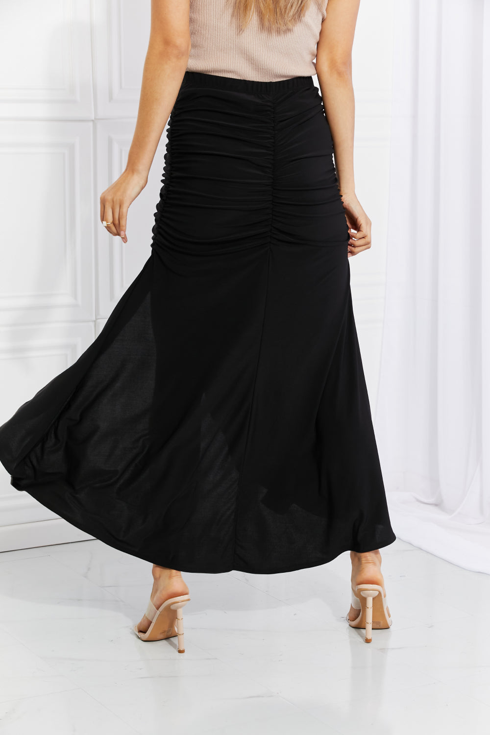 White Birch Full Size Up and Up Ruched Slit Maxi Skirt in Black-Teresa&#39;s Fashionista LLC