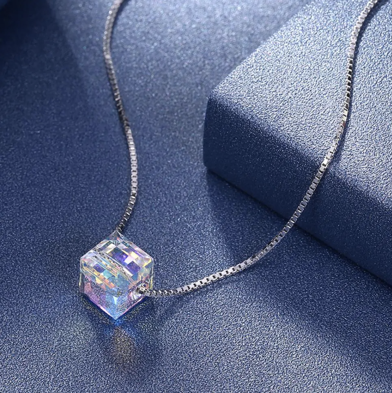 Crystals Aurora Borealis Cube Necklace-Teresa&#39;s Fashionista LLC