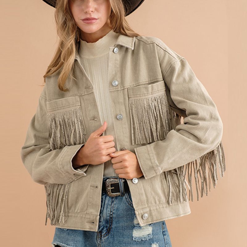 Fringe Detail Dropped Shoulder Denim Jacket-Teresa&#39;s Fashionista LLC