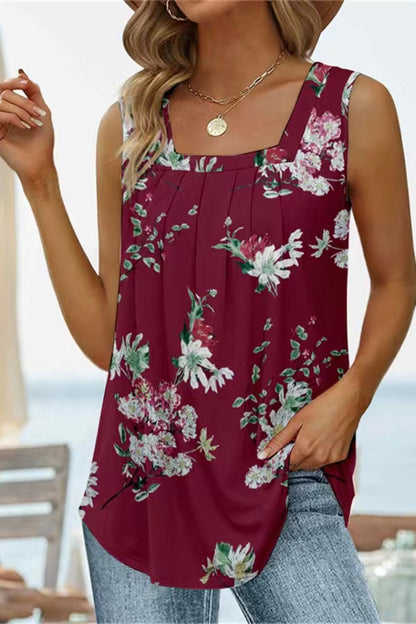 Printed Square Neck Curved Hem Tank-Teresa&#39;s Fashionista LLC