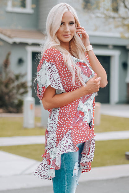 Mixed Print Ruffle Hem Kimono-Teresa&#39;s Fashionista LLC