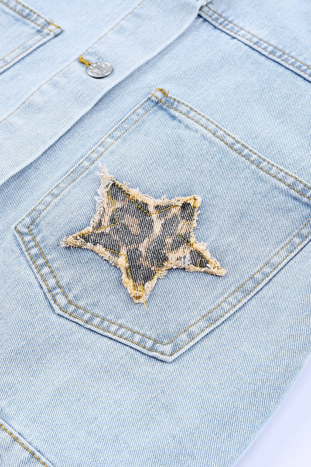 Leopard Star Applique Distressed Denim Jacket-Teresa&#39;s Fashionista LLC