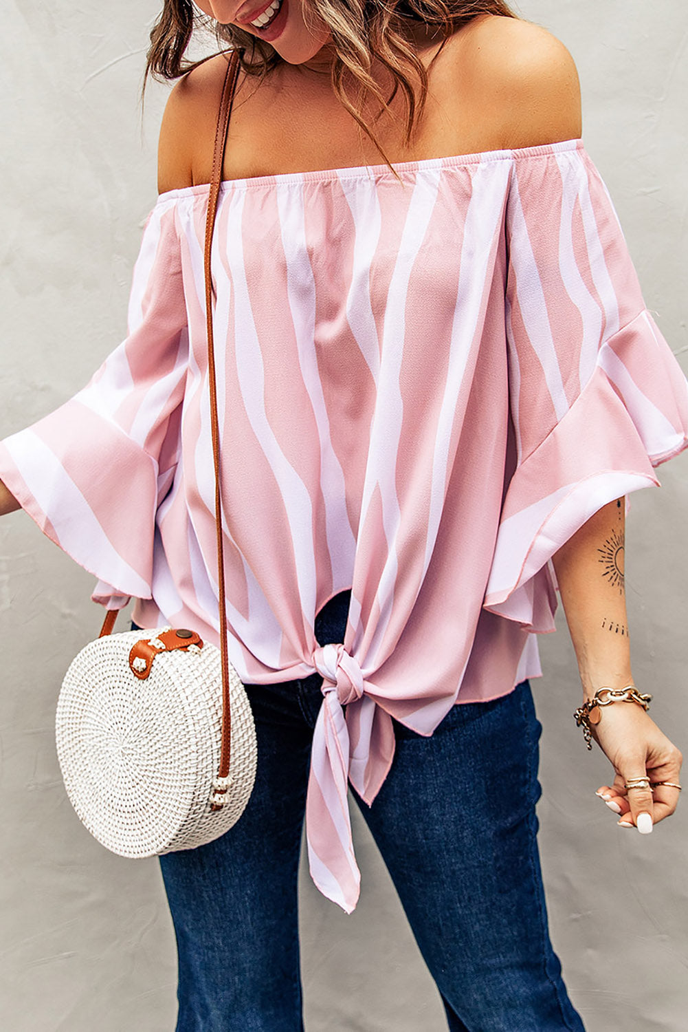 Striped Tie Front Flounce Sleeve Blouse-Teresa&#39;s Fashionista LLC