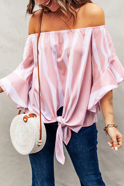 Striped Tie Front Flounce Sleeve Blouse-Teresa&#39;s Fashionista LLC