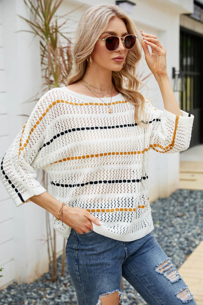 Striped Openwork Three-Quarter Sleeve Knit Top-Teresa&#39;s Fashionista LLC