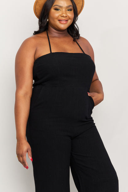 White Birch Full Size Halter Neck Wide Leg Jumpsuit with Pockets-Teresa&#39;s Fashionista LLC