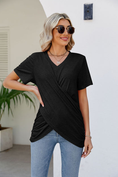 V-Neck Crisscross Short Sleeve Tee-Teresa&#39;s Fashionista LLC