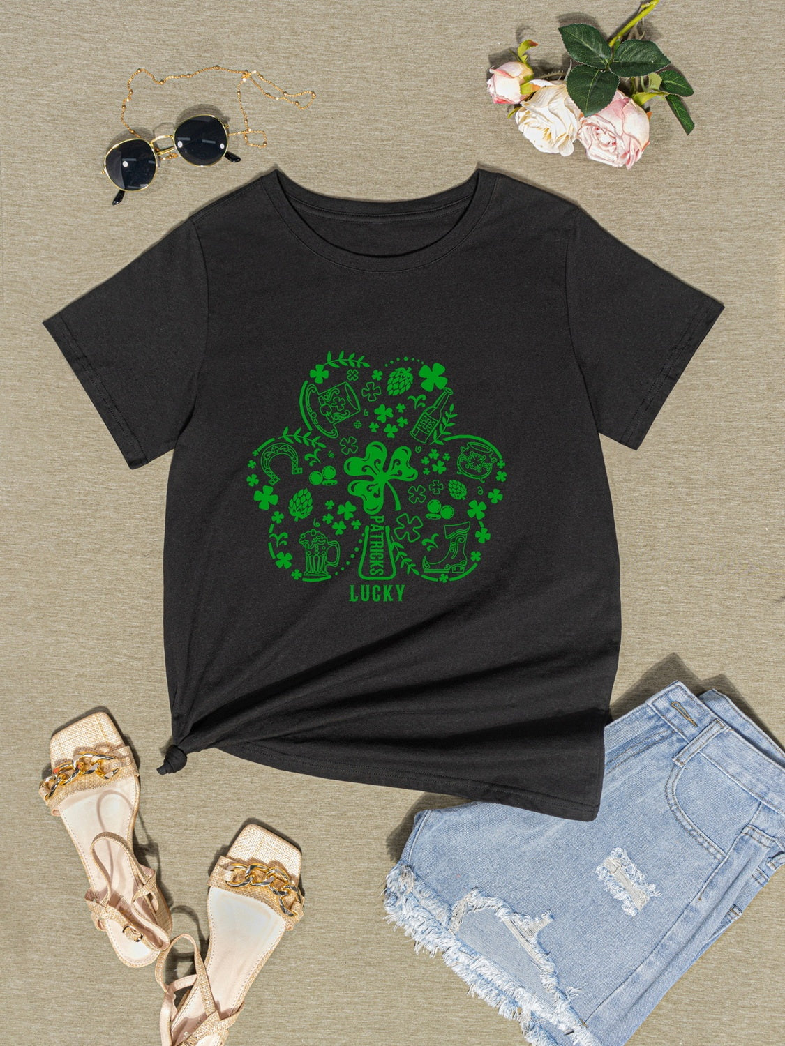 Lucky Clover Round Neck T-Shirt-Teresa&#39;s Fashionista LLC