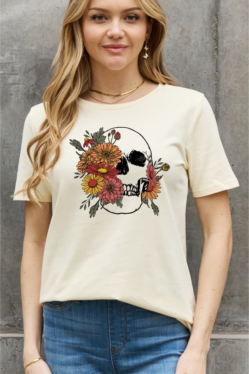 Simply Love Full Size Flower Skull Graphic Cotton Tee-Teresa&#39;s Fashionista LLC