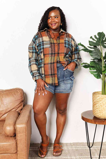 Double Take Plaid Curved Hem Shirt Jacket with Breast Pockets-Teresa&#39;s Fashionista LLC