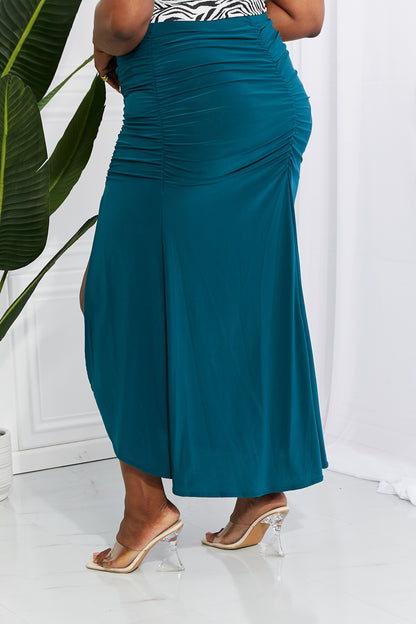 White Birch Full Size Up and Up Ruched Slit Maxi Skirt in Teal-Teresa&#39;s Fashionista LLC