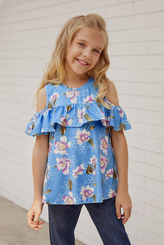 Girls Floral Cold-Shoulder Ruffled Top-Teresa&#39;s Fashionista LLC