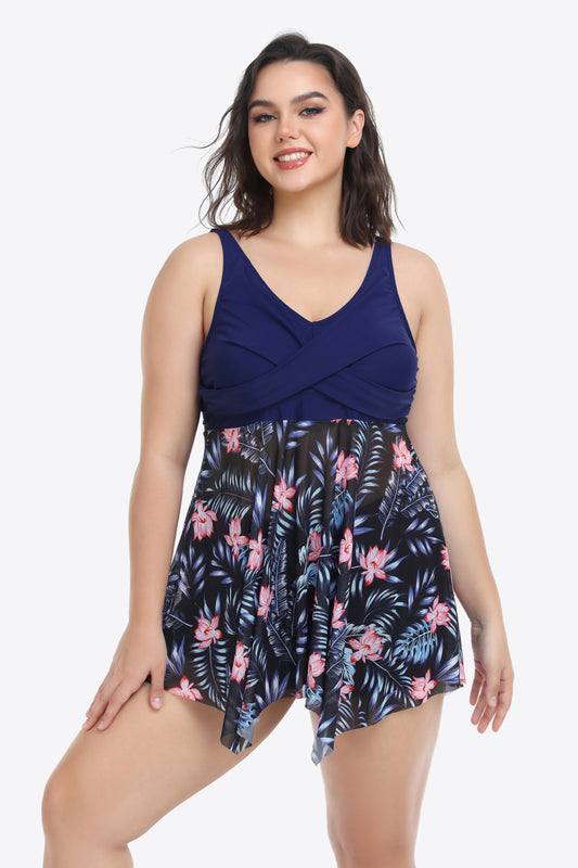 Plus Size Floral Two-Tone Asymmetrical Hem Two-Piece Swimsuit-Teresa&#39;s Fashionista LLC