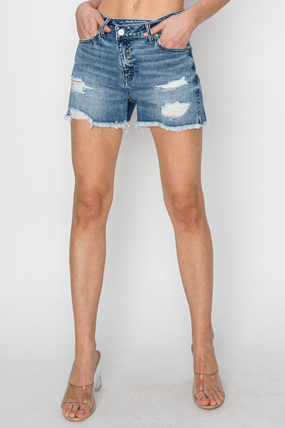 RISEN Stepped Waist Frayed Denim Shorts-Teresa&#39;s Fashionista LLC