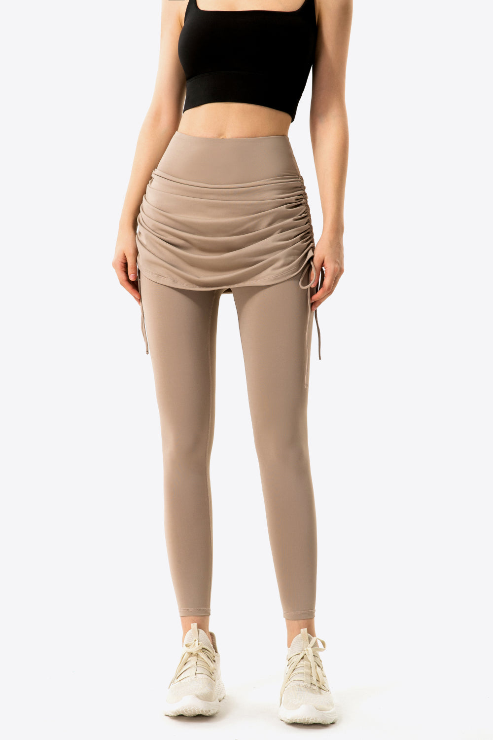 Drawstring Ruched Faux Layered Yoga Leggings-Teresa&#39;s Fashionista LLC