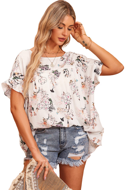 Floral Boat Neck Flounce Sleeve Blouse-Teresa&#39;s Fashionista LLC