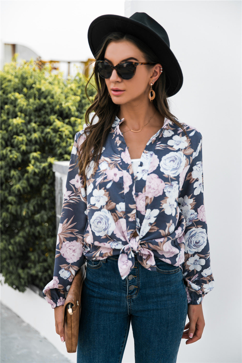 Floral Print Mock Neck Button Front Shirt-Teresa&#39;s Fashionista LLC