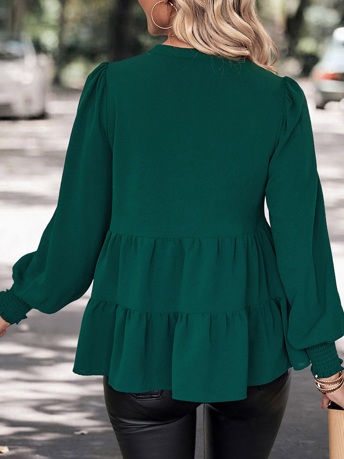 Notched Neck Lantern Sleeve Blouse-Teresa&#39;s Fashionista LLC