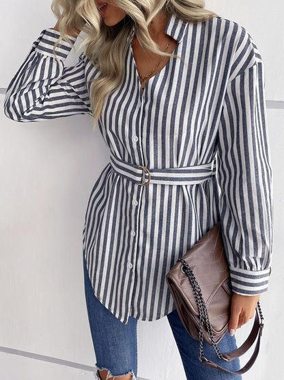 Striped Curved Hem Belted Shirt-Teresa&#39;s Fashionista LLC