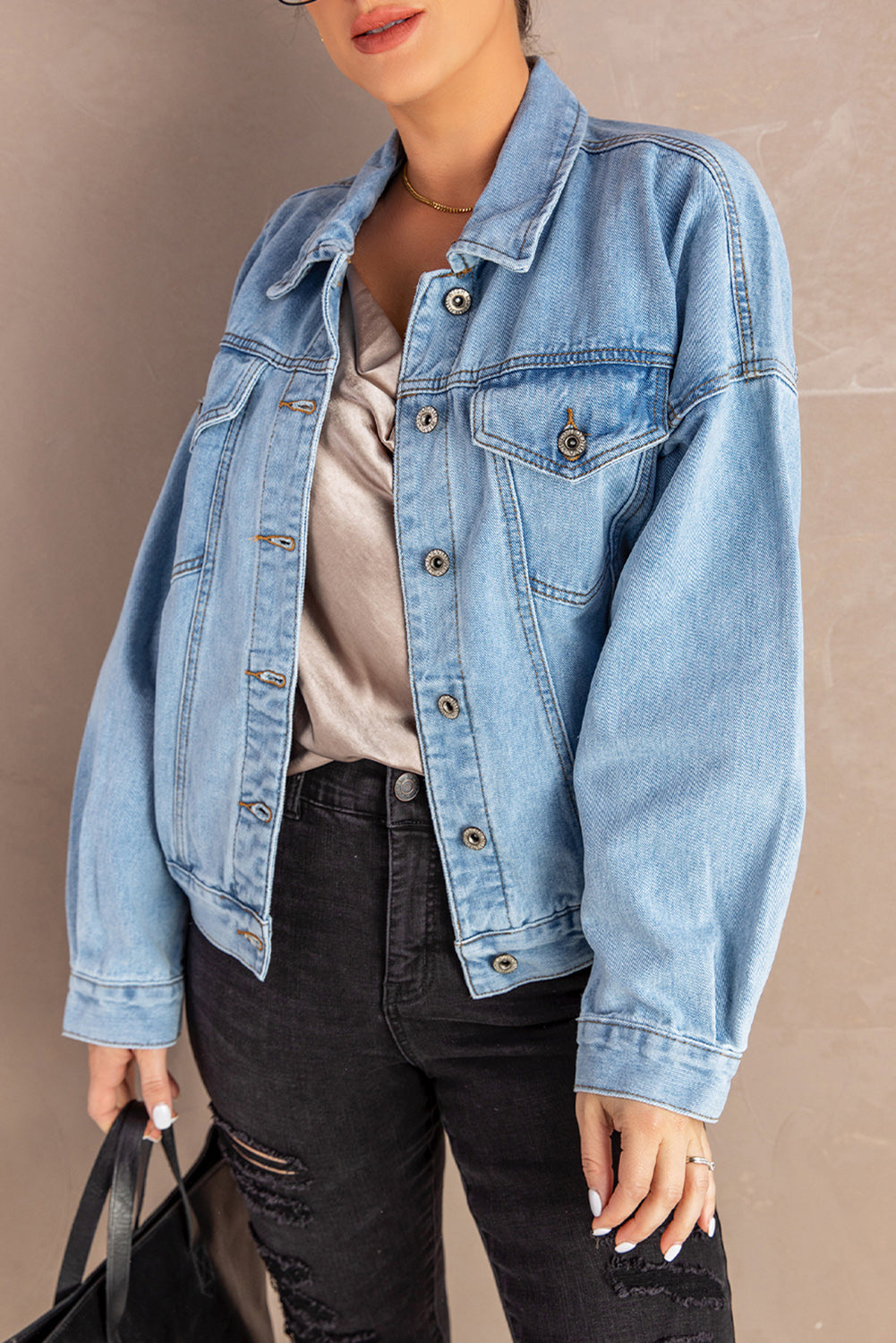 Button Down Dropped Shoulder Denim Jacket-Teresa&#39;s Fashionista LLC