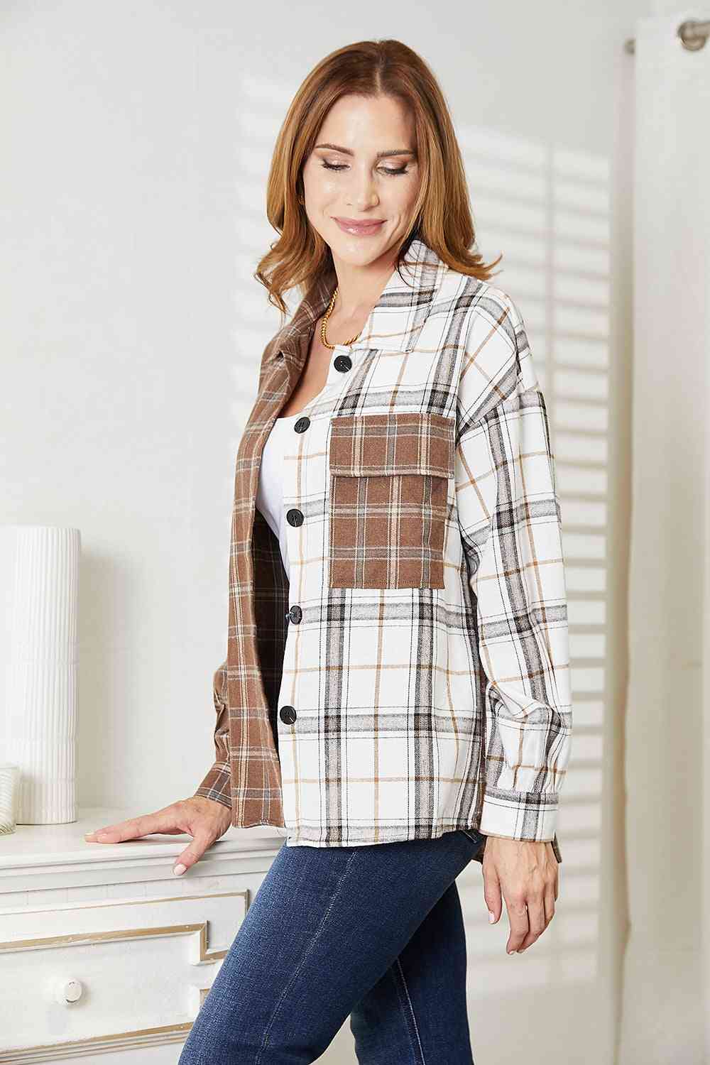 Double Take Plaid Contrast Button Up Shirt Jacket-Teresa&#39;s Fashionista LLC