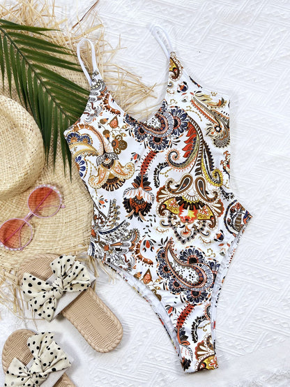 Printed Tie Back Scoop Neck One-Piece Swimsuit-Teresa&#39;s Fashionista LLC