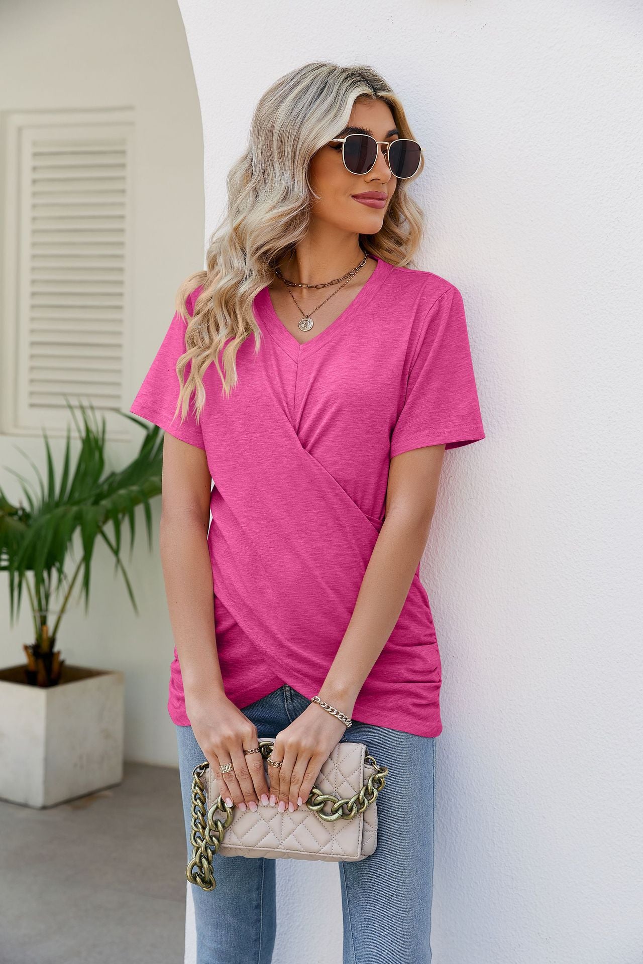 V-Neck Crisscross Short Sleeve Tee-Teresa&#39;s Fashionista LLC