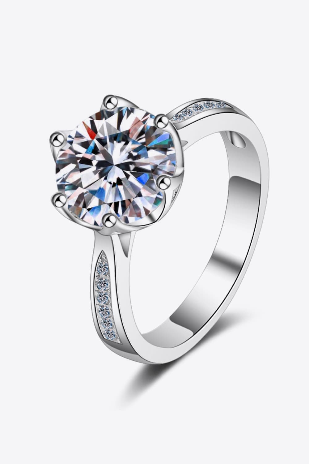 3 Carat Moissanite Rhodium-Plated Side Stone Ring-Teresa&#39;s Fashionista LLC