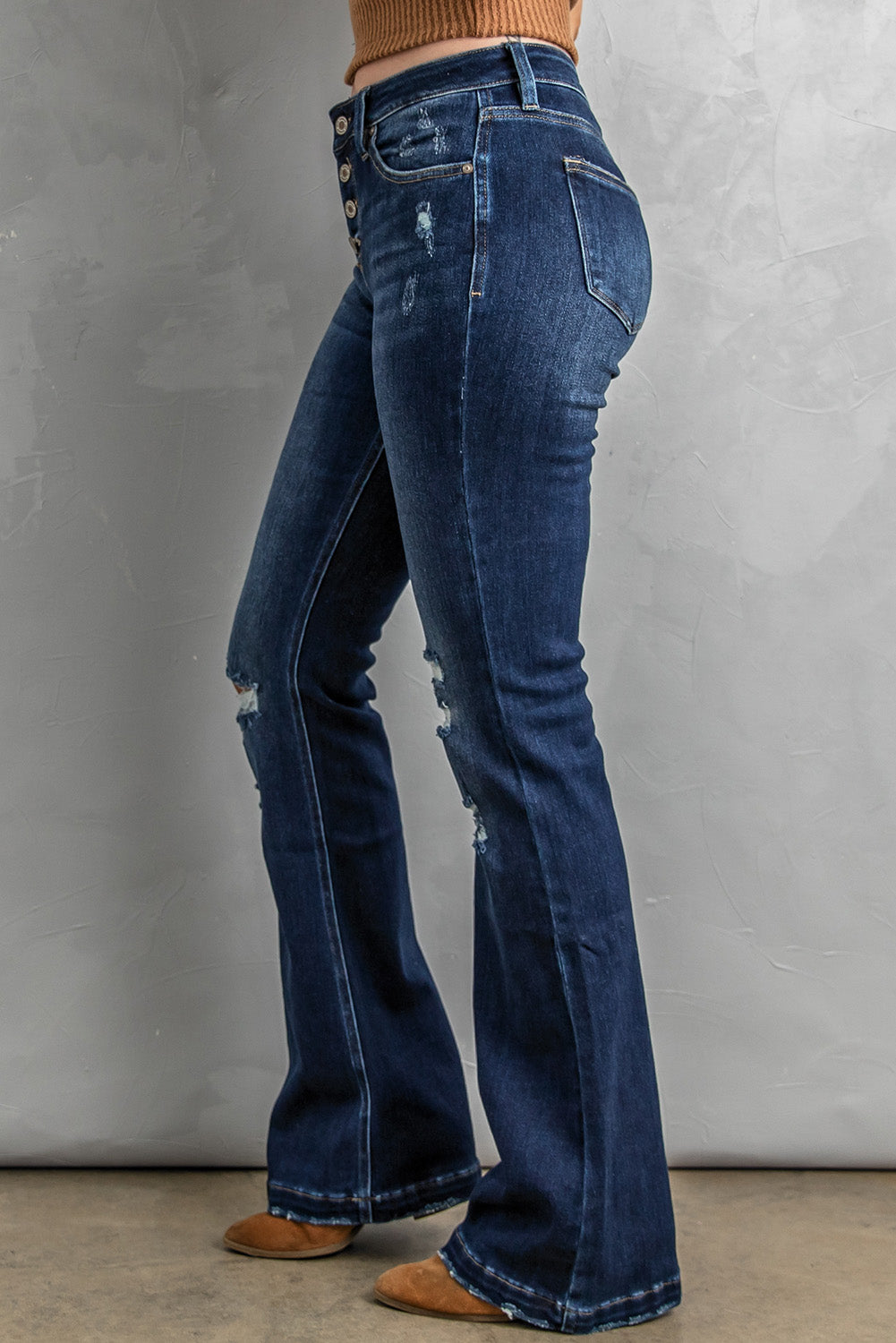 Button Fly Distressed Bootcut Jeans-Teresa&#39;s Fashionista LLC