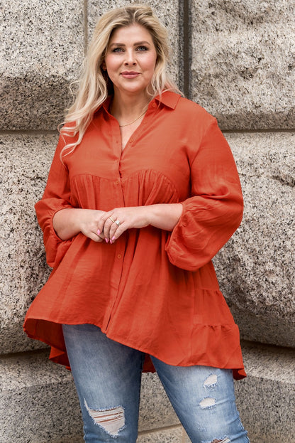 Plus Size Collared Balloon Sleeve Shirt-Teresa&#39;s Fashionista LLC