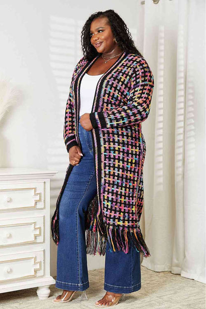 Double Take Full Size Multicolored Open Front Fringe Hem Cardigan-Teresa&#39;s Fashionista LLC