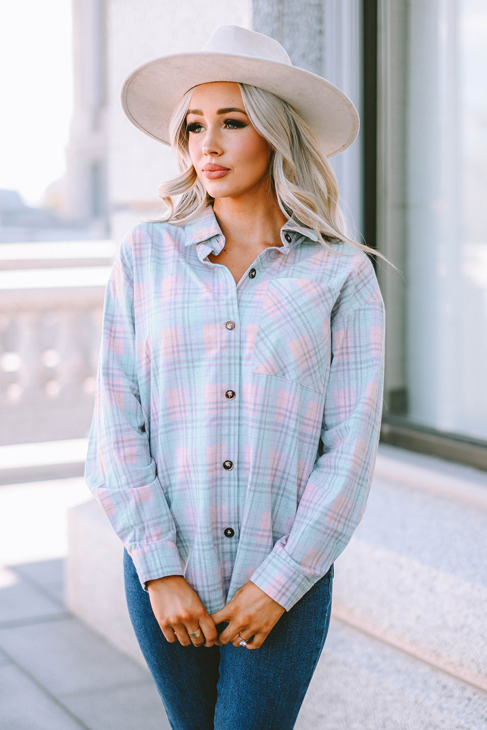 Plaid Button-Up Dropped Shoulder Shirt-Teresa&#39;s Fashionista LLC