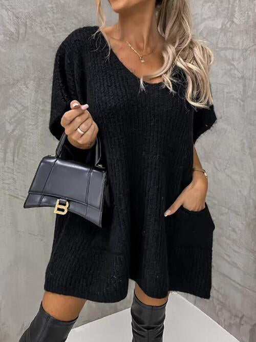 V-Neck Short Sleeve Sweater with Pockets-Teresa&#39;s Fashionista LLC