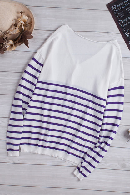 Striped V-Neck Long Sleeve Knit Top-Teresa&#39;s Fashionista LLC