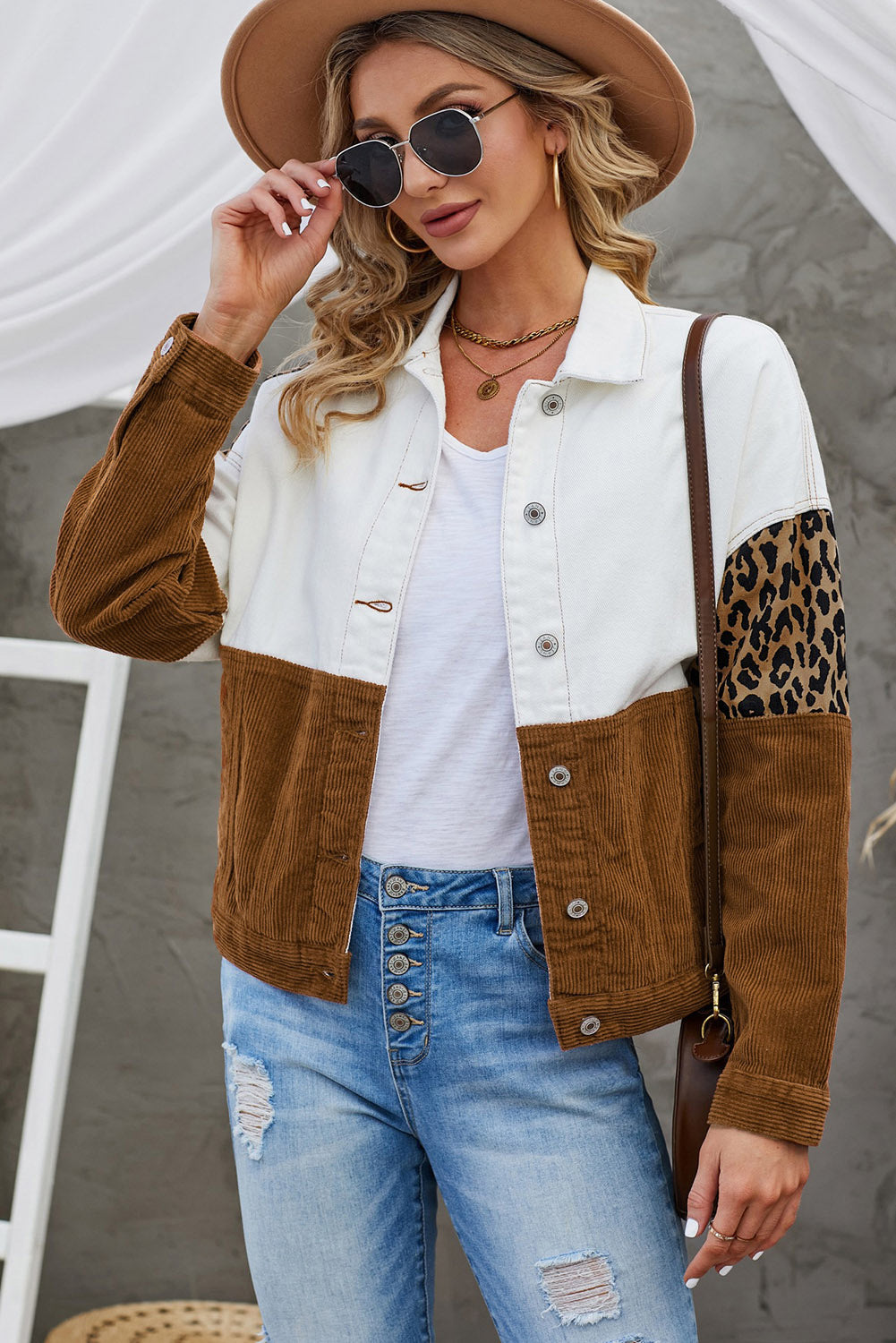 Leopard Color Block Button-Up Corduroy Shacket-Teresa&#39;s Fashionista LLC