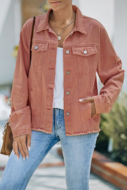 Distressed Raw Hem Denim Jacket-Teresa&#39;s Fashionista LLC