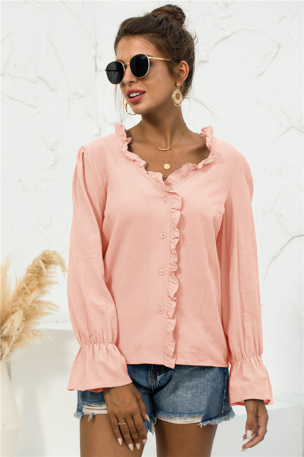 Frill Trim V-Neck Flounce Sleeve Shirt-Teresa&#39;s Fashionista LLC