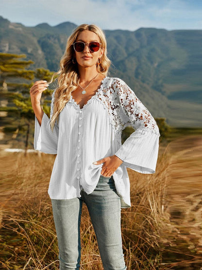 Spliced Lace Buttoned Blouse-Teresa&#39;s Fashionista LLC