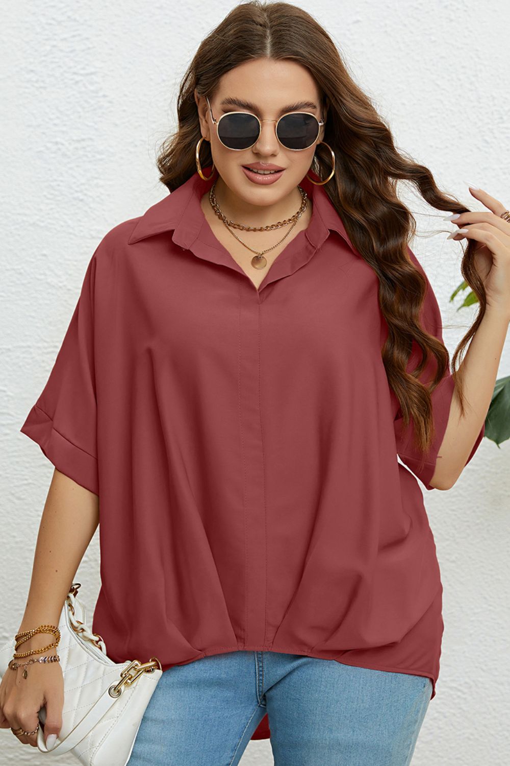 Plus Size Collared Half Sleeve Hem Detail Top-Teresa&#39;s Fashionista LLC