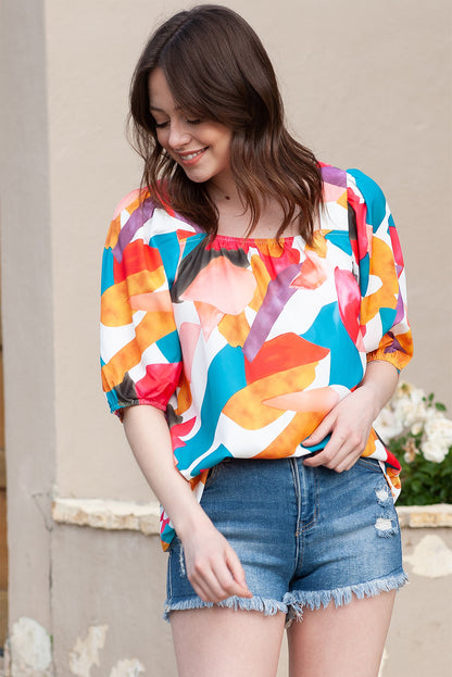 Printed Square Neck Half Sleeve Top-Teresa&#39;s Fashionista LLC