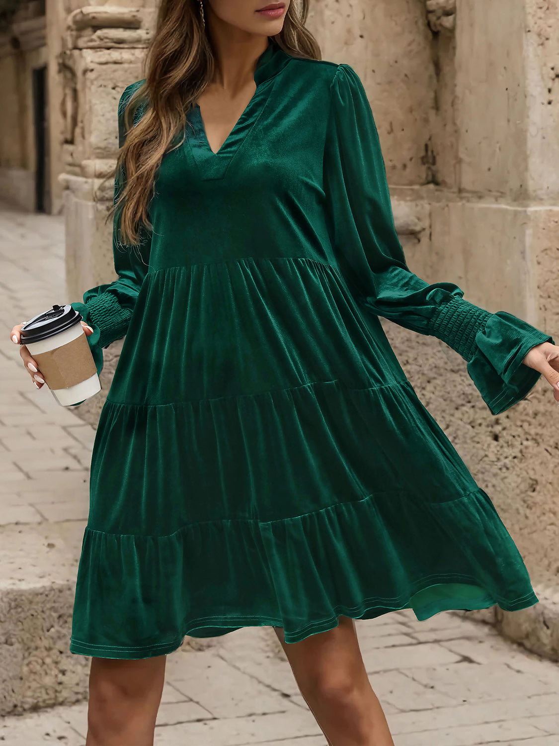 Notched Long Sleeve Tiered Dress-Teresa&#39;s Fashionista LLC