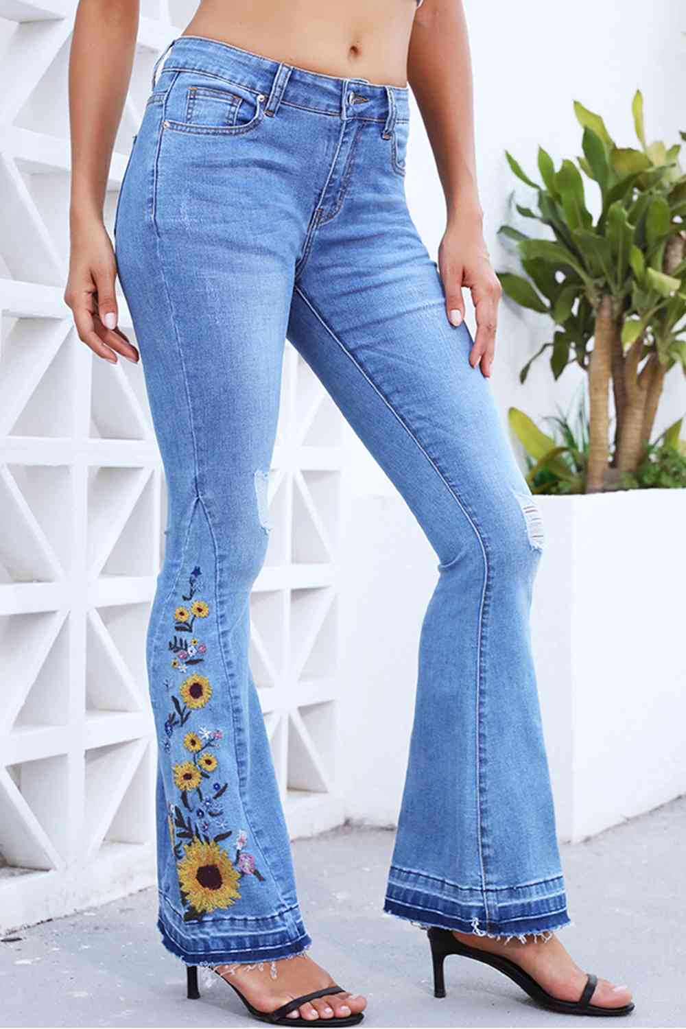 Full Size Flower Embroidery Distressed Wide Leg Jeans-Teresa&#39;s Fashionista LLC