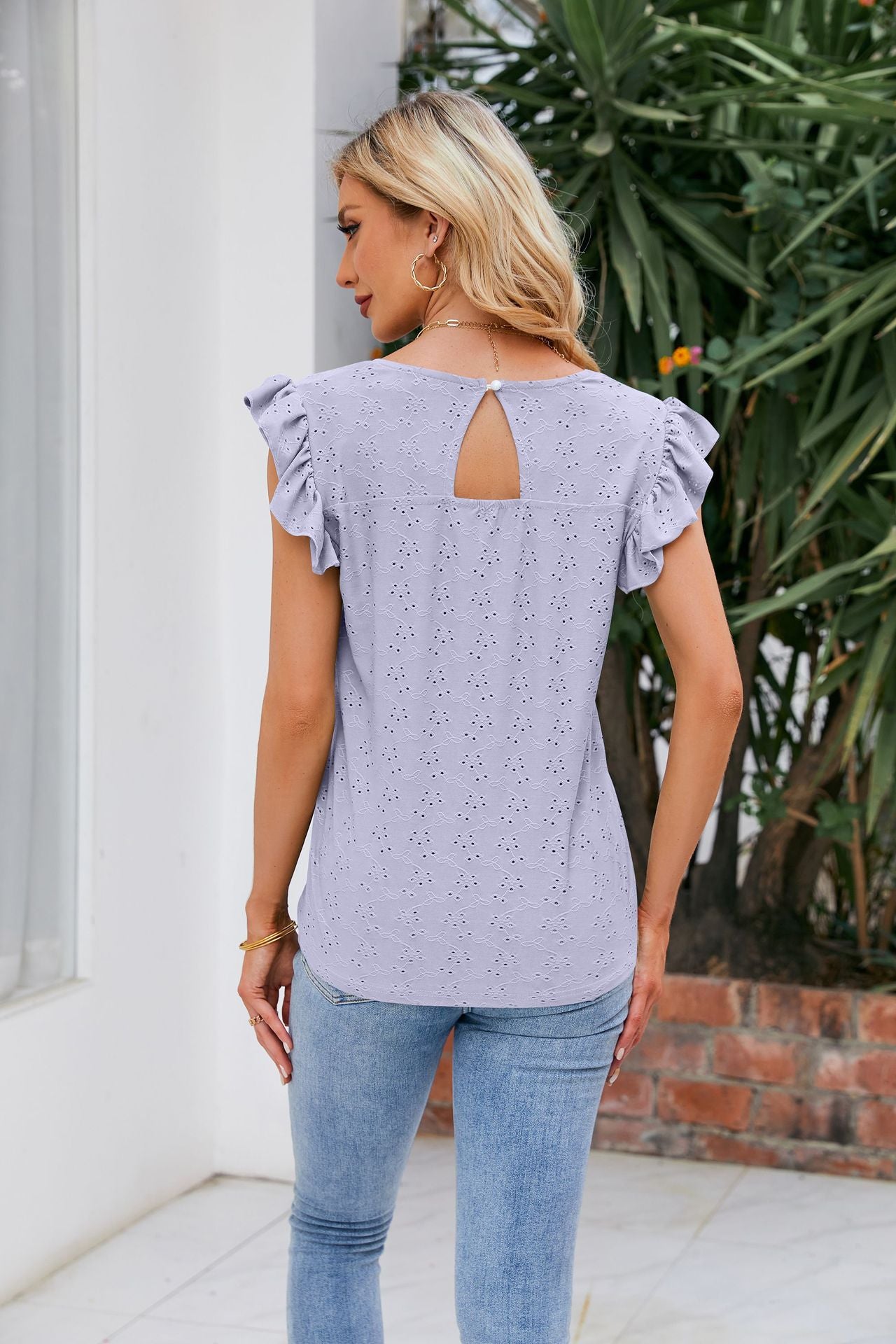 V-Neck Flutter Sleeve Eyelet Top-Teresa&#39;s Fashionista LLC