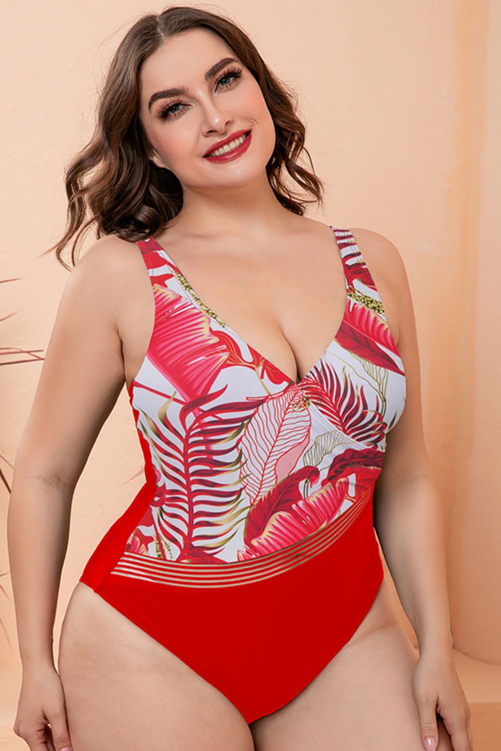 Full Size Two-Tone Plunge One-Piece Swimsuit-Teresa&#39;s Fashionista LLC