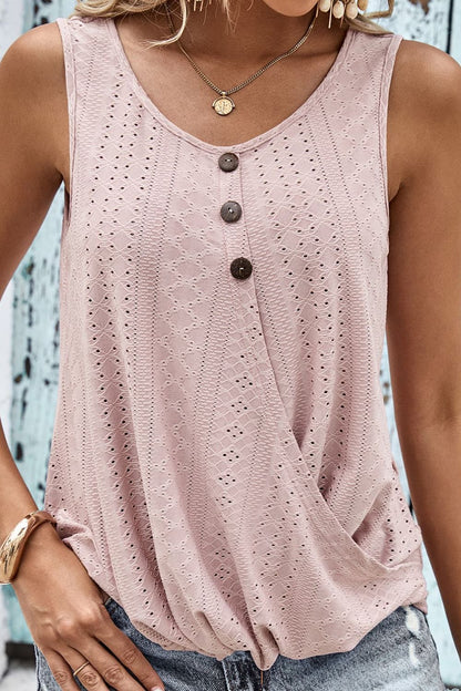 Decorative Button Hem Detail Eyelet Tank-Teresa&#39;s Fashionista LLC