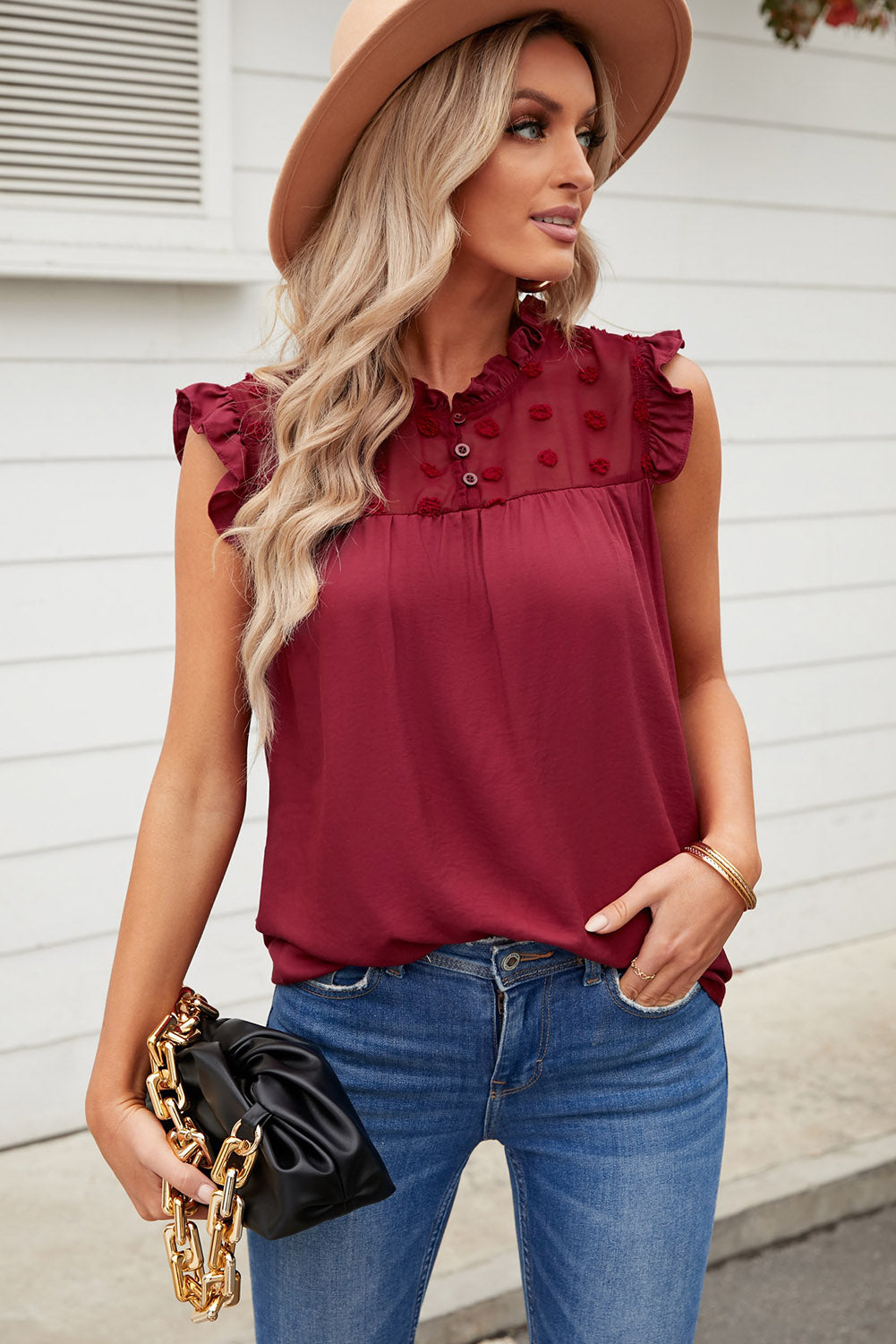 Swiss Dot Buttoned Ruffle Trim Tank-Teresa&#39;s Fashionista LLC