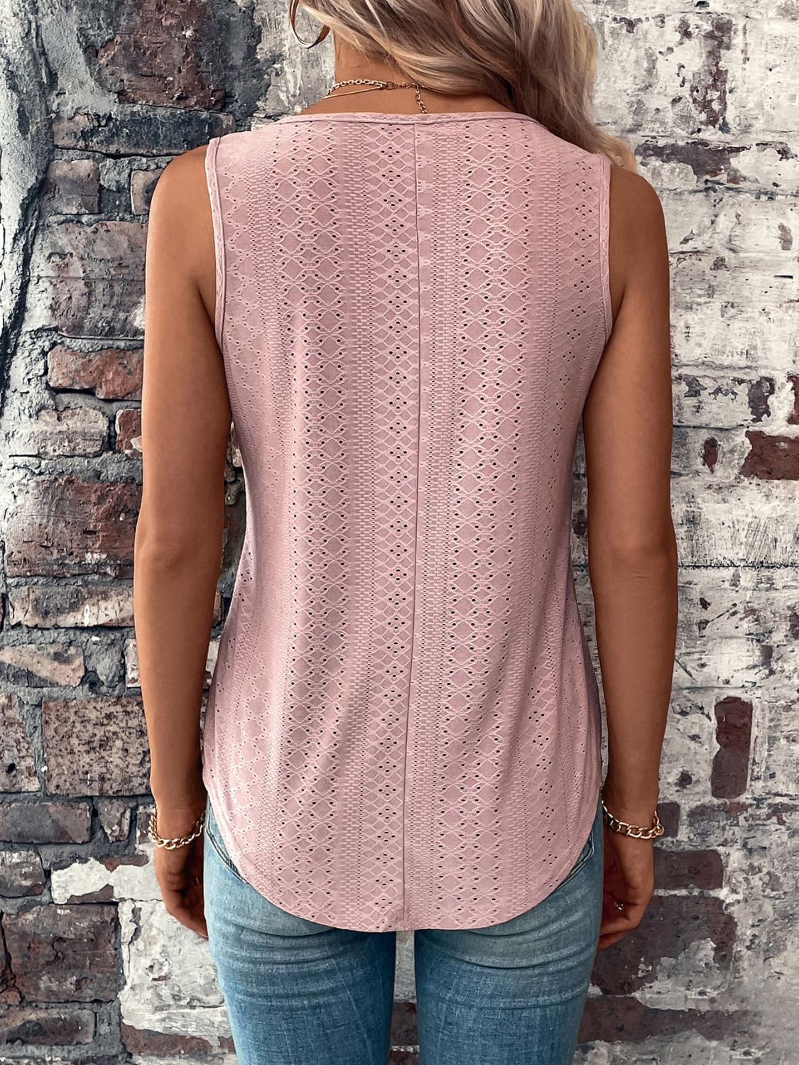 Eyelet V-Neck Curved Hem Tank-Teresa&#39;s Fashionista LLC