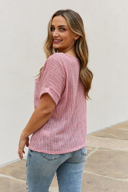 e.Luna Full Size Chunky Knit Short Sleeve Top in Mauve-Teresa&#39;s Fashionista LLC