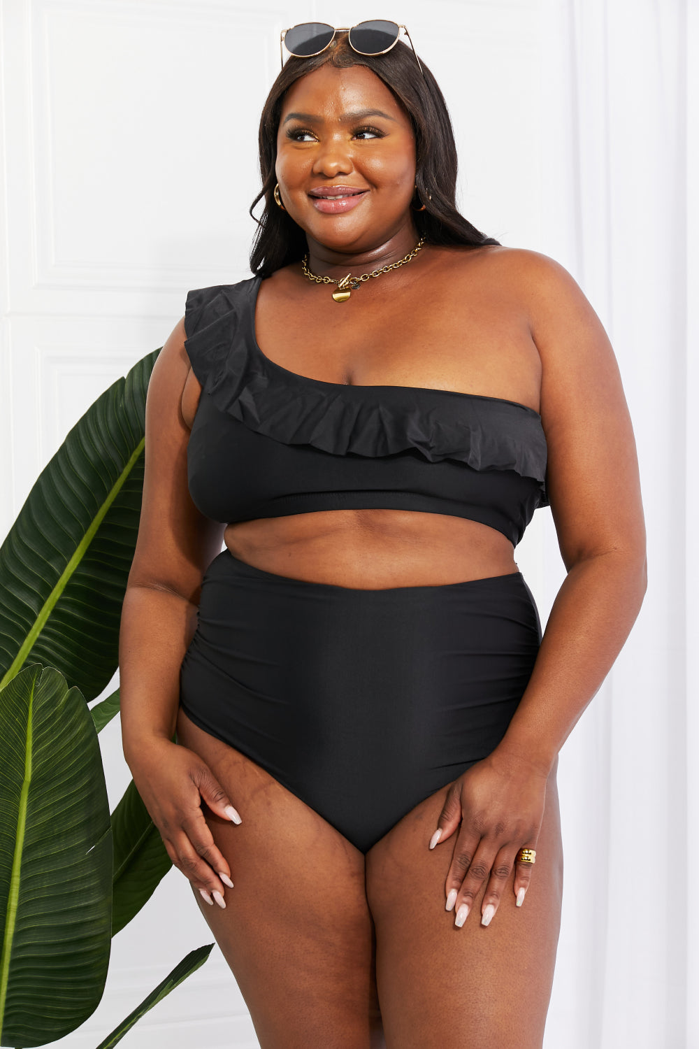 Marina West Swim Seaside Romance Ruffle One-Shoulder Bikini in Black-Teresa&#39;s Fashionista LLC